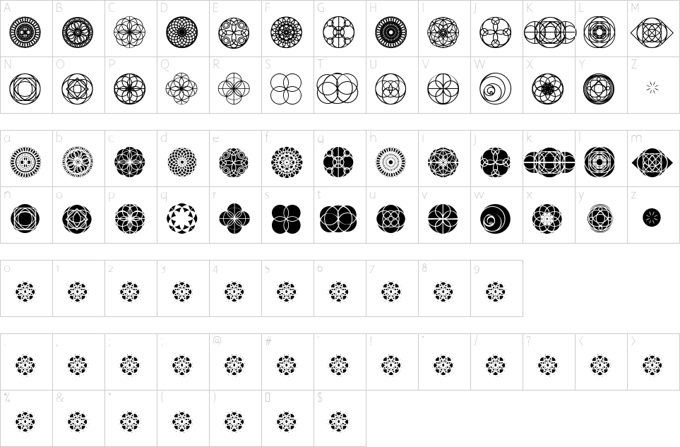 Character map of Kaleidoscopic Vision Font