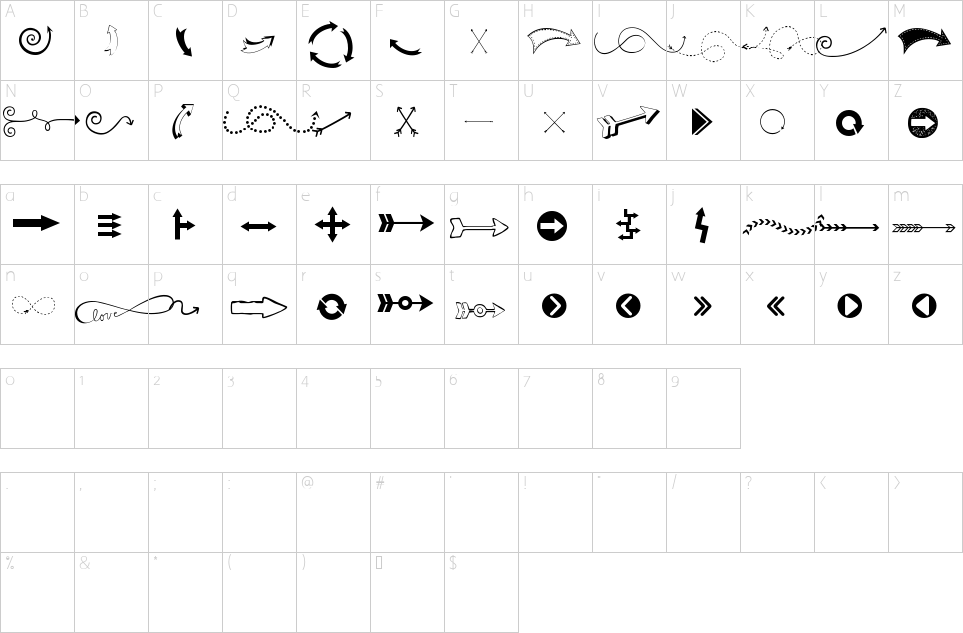 Character map of KG Arrows Font