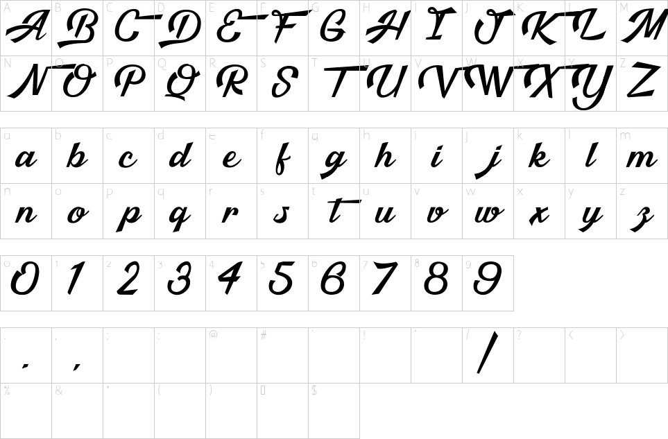 Character map of Malibu Babylon Font