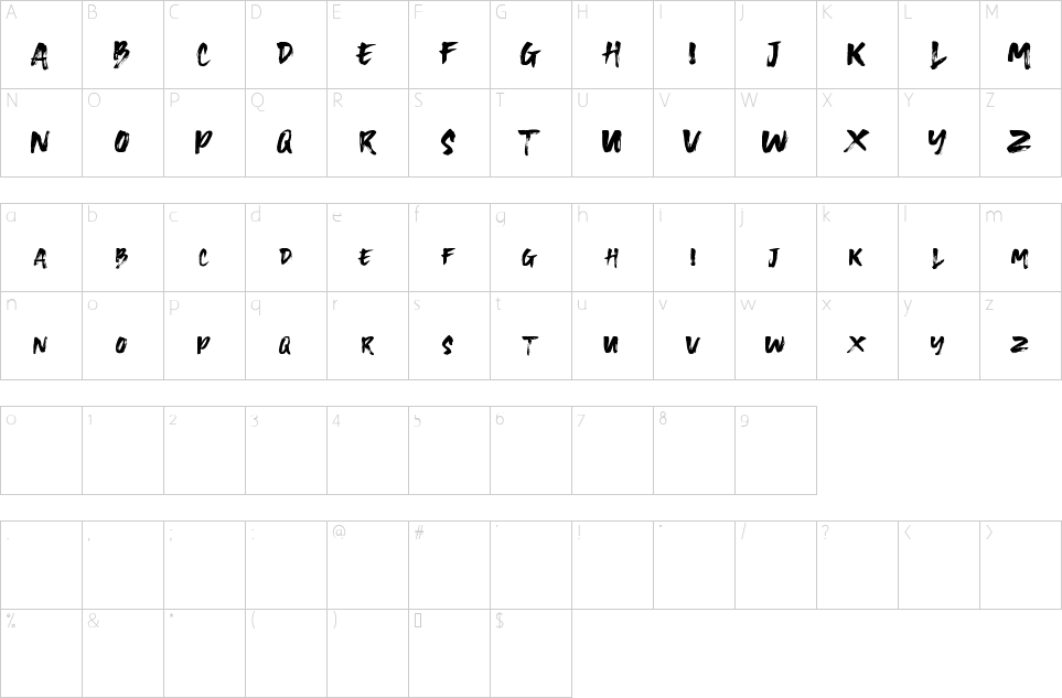 Character map of OneBrush Font