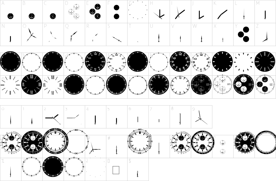 Character map of GA Clock Dial Round Font