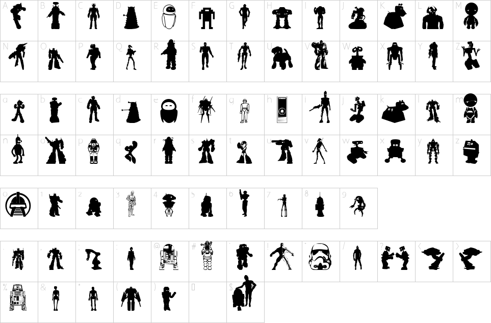 Character map of Look Sir Droids Font