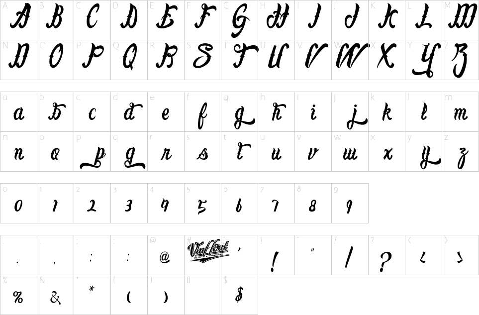 Character map of Lafayet Scripts Font