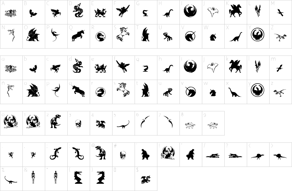 Character map of Fantastic Creatures Font