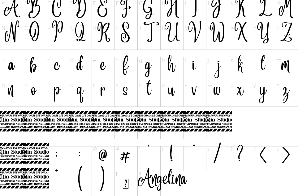 Character map of Angelia Font