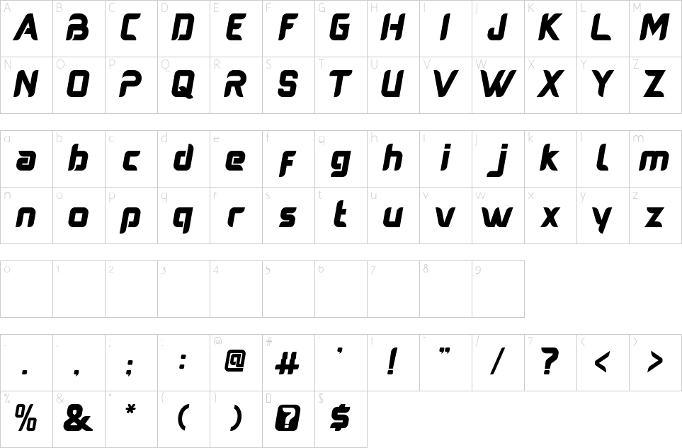 Character map of Austere Font