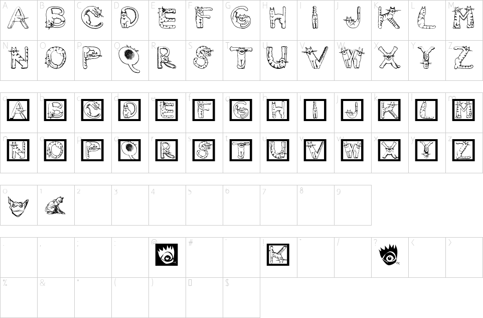 Character map of Cats Alphabet Font