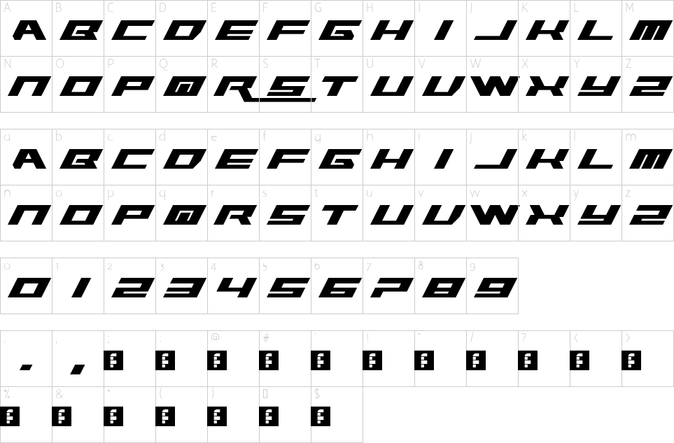 Character map of Rawhide Raw 2012 Font