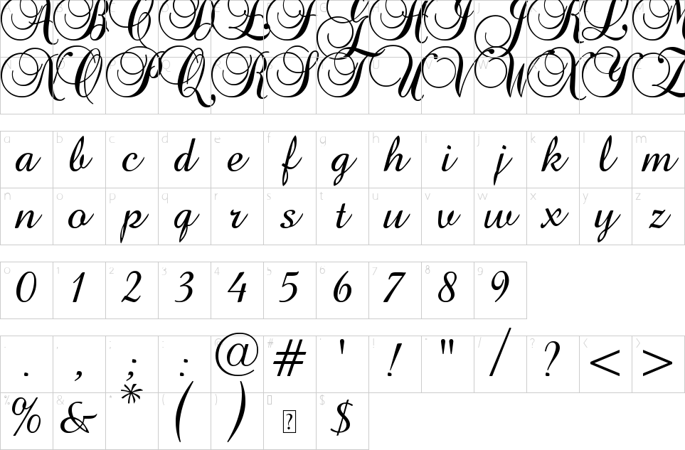 Character map of Baroque Script Font