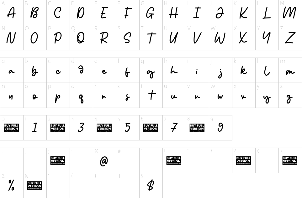 Character map of Reileight Winterlane Font