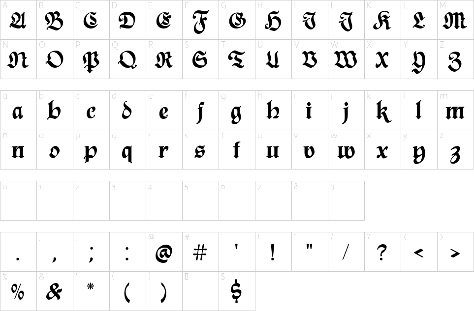 Character map of NCL Jurgen Farbache Font