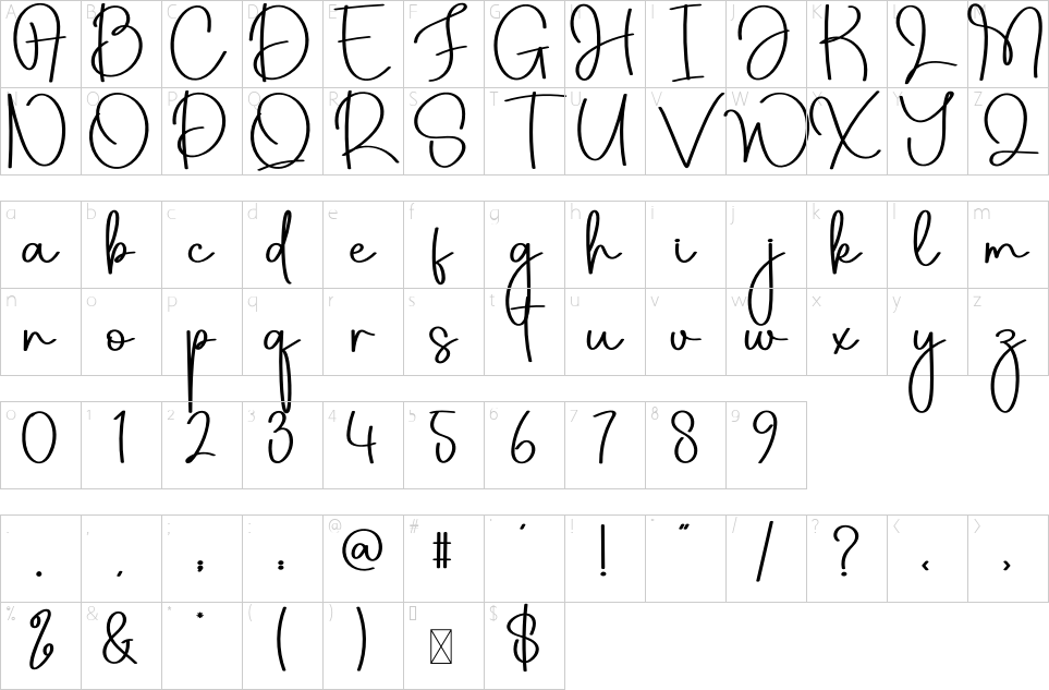 Character map of Delightful Font