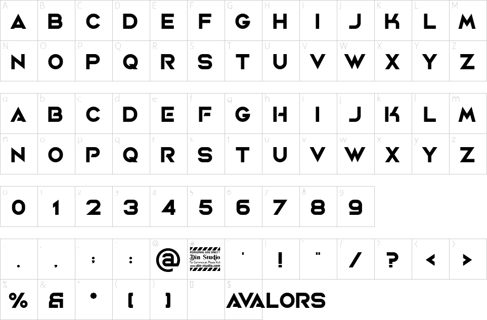 Character map of Avalors Font