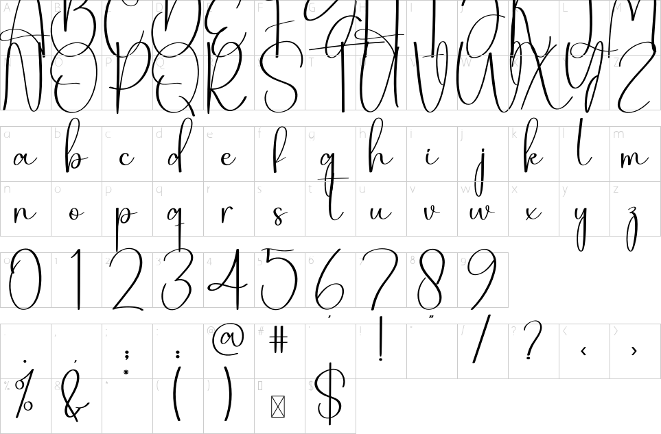 Character map of Aunty Font