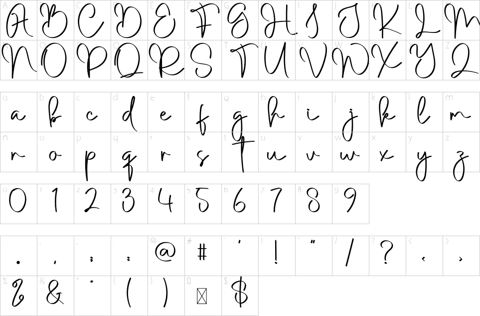 Character map of Calligraphy Font