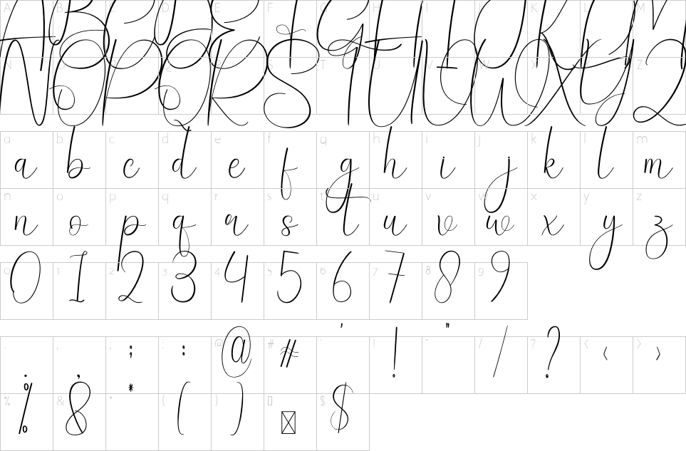 Character map of Calligraphy Font