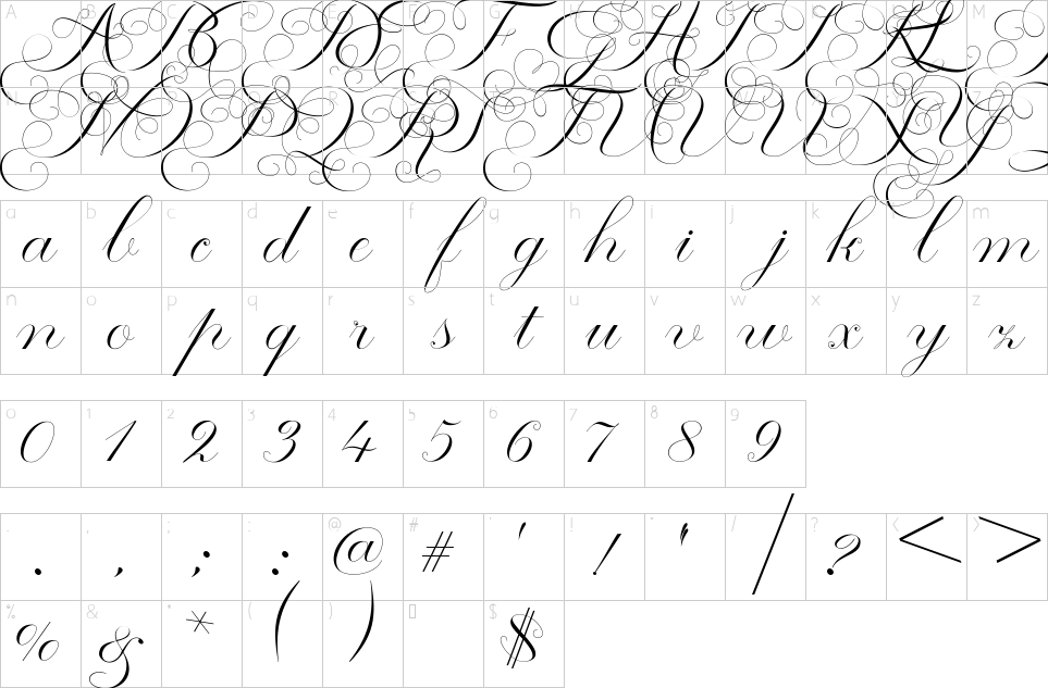Character map of Manhattan Calligraphy Font