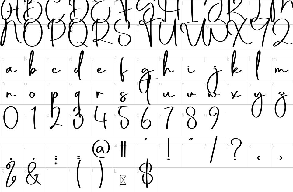 Character map of Zanitha Bucked Font