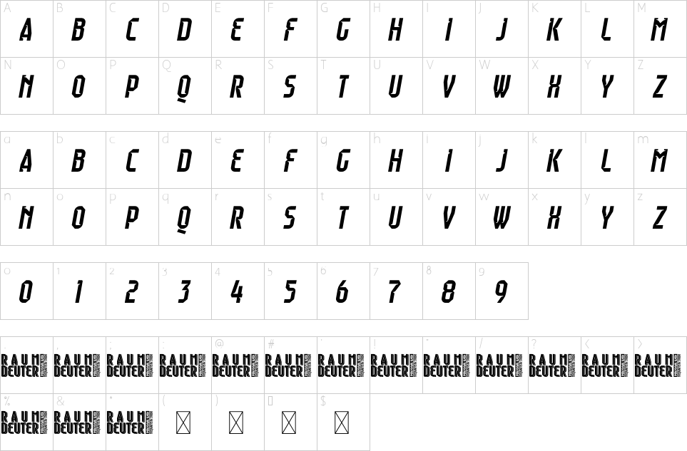 Character map of Raumdeuter Font