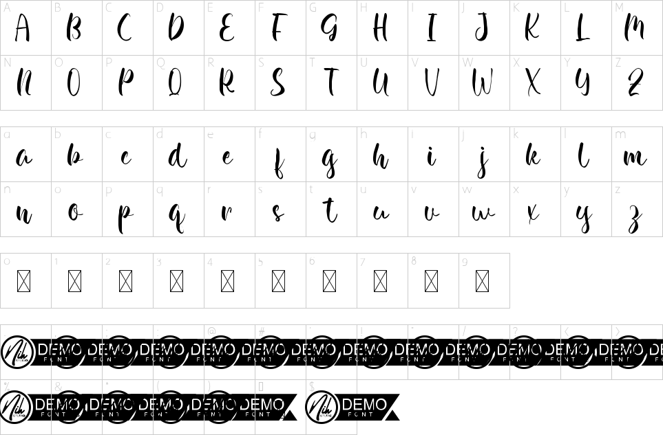 Character map of Gorgeous Brush Font