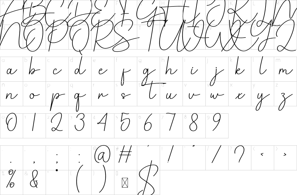 Character map of American Signature Font