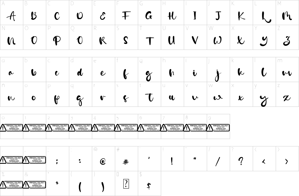 Character map of Mary Boyd Font