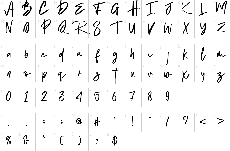 Character map of Original Handwritten Font