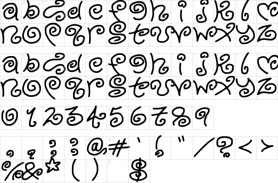 Character map of Kurly Kyoots Font