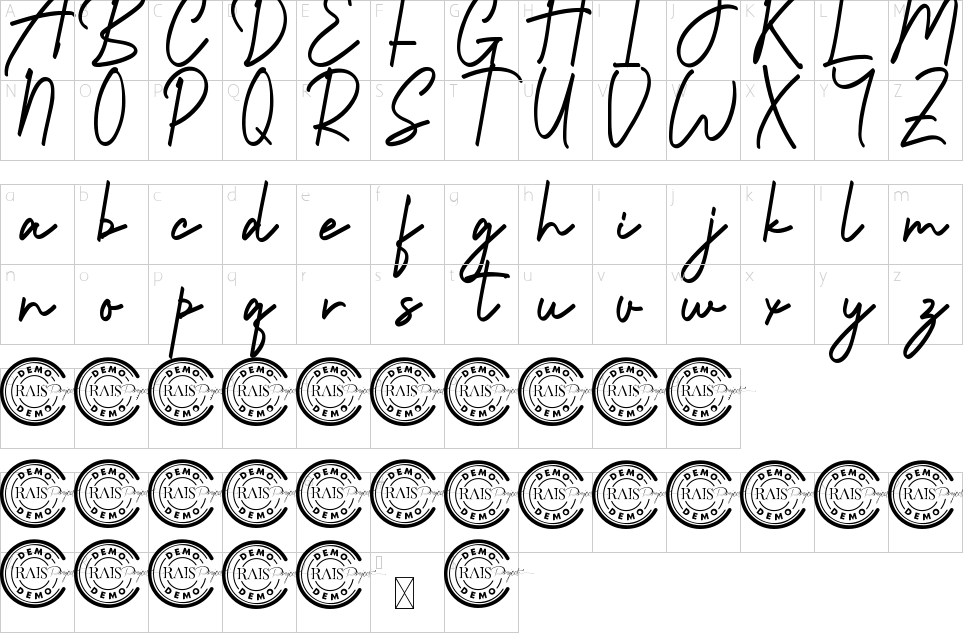 Character map of Calvin Beatrice Font