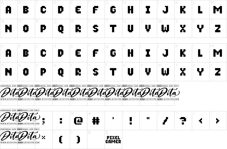 Character map of Pixel Gamer Font
