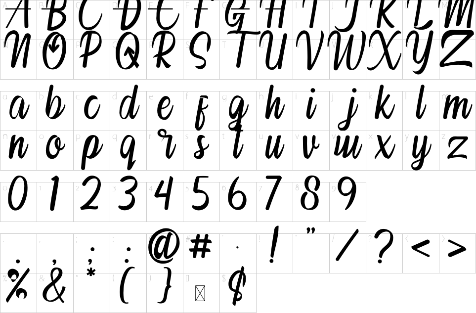 Character map of Vanila Font