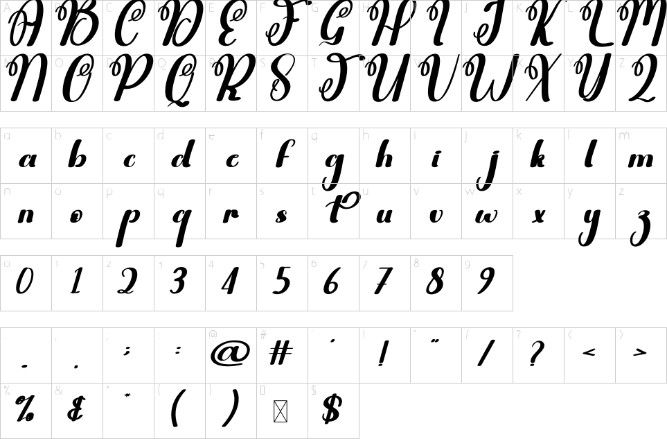 Character map of Calligraphy Font
